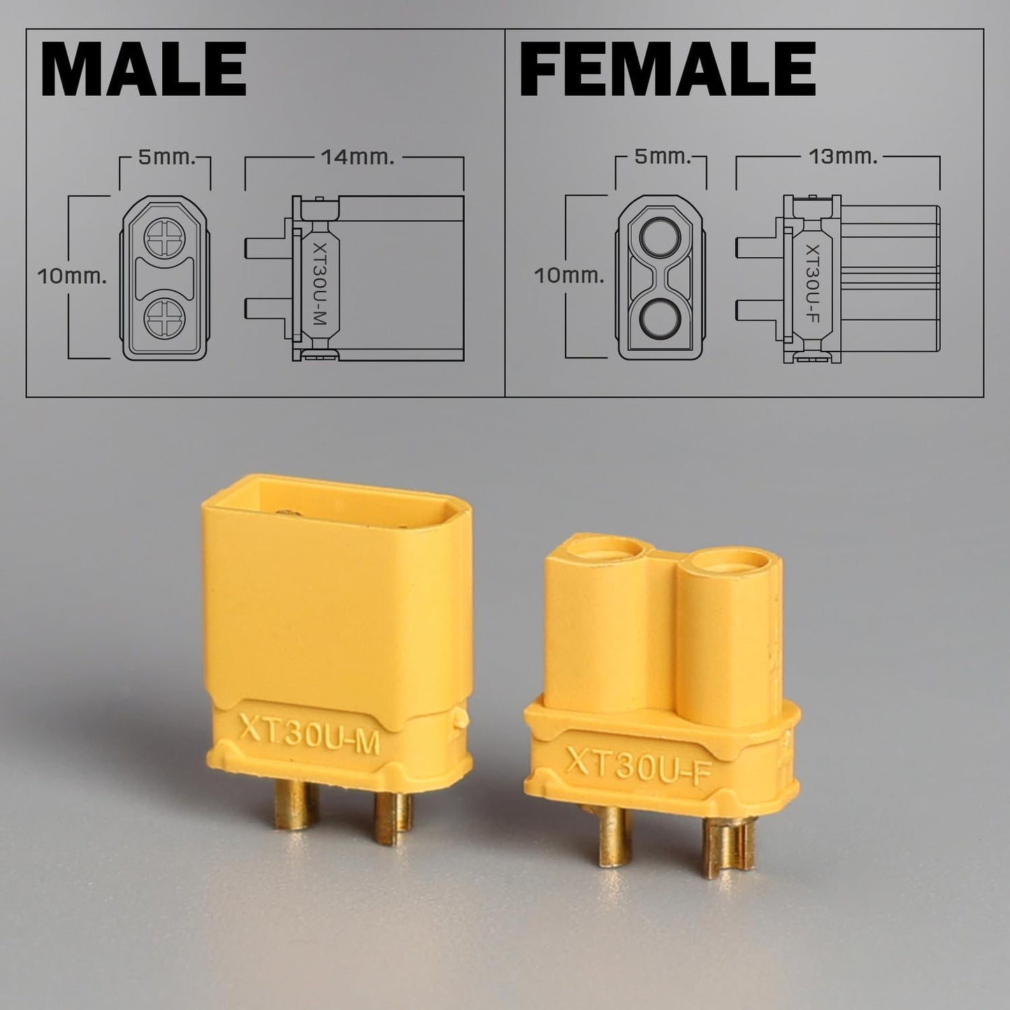 5 Pzas Conector Bala XT30U para Batería LiPo RC
