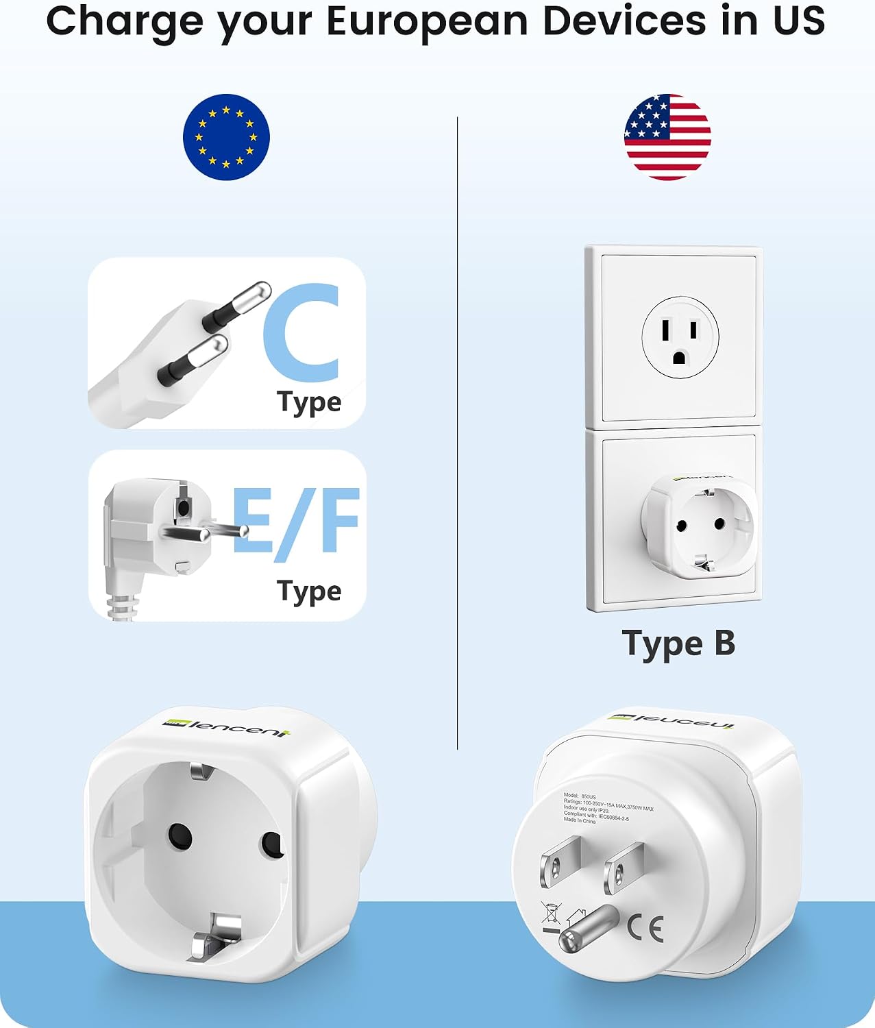 2 Pack Adaptador Enchufe Europa a EE.UU.