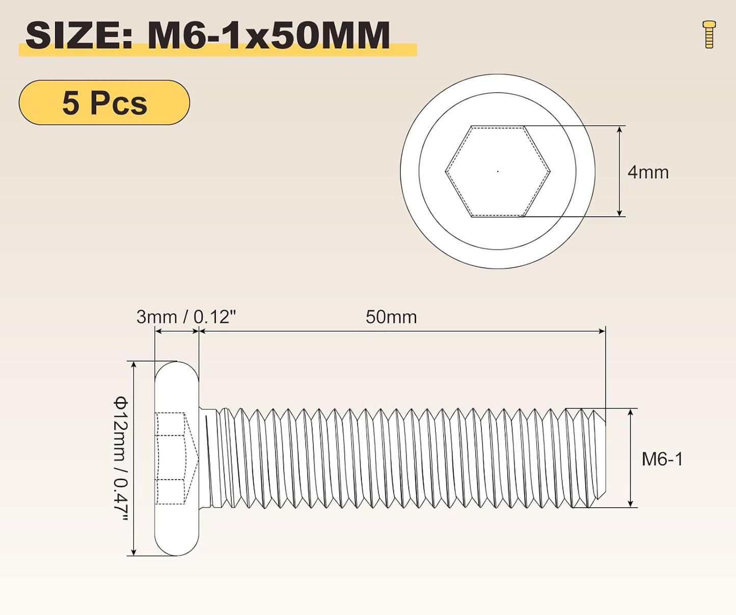 Tornillos M6-1x50 acero hexágono interior 5 pzas para muebles
