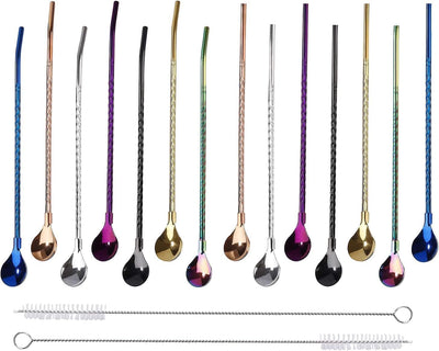 14 Pzas Pajitas y Cucharas Acero Inox 2en1 Reutilizables