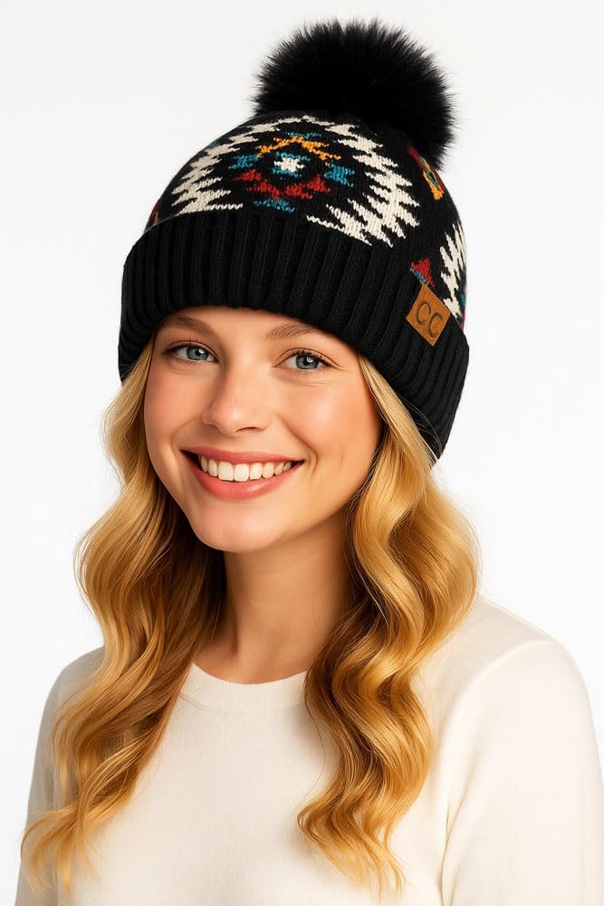 Gorro invierno punto azteca pompón piel sintética mujer