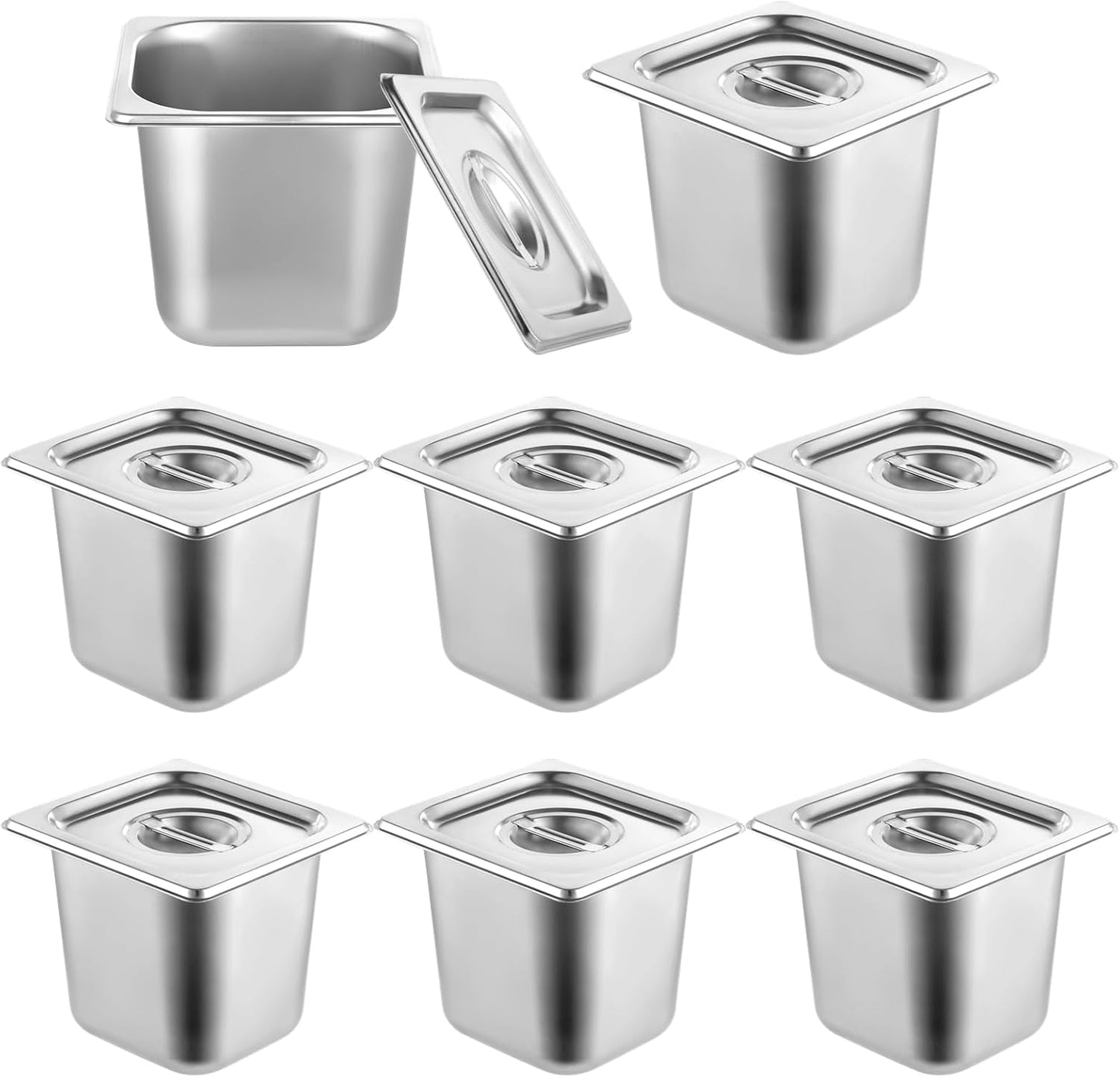 8 Sartenes Hotel 1/6 con Tapa Acero Inox 6pulg Antiatascos