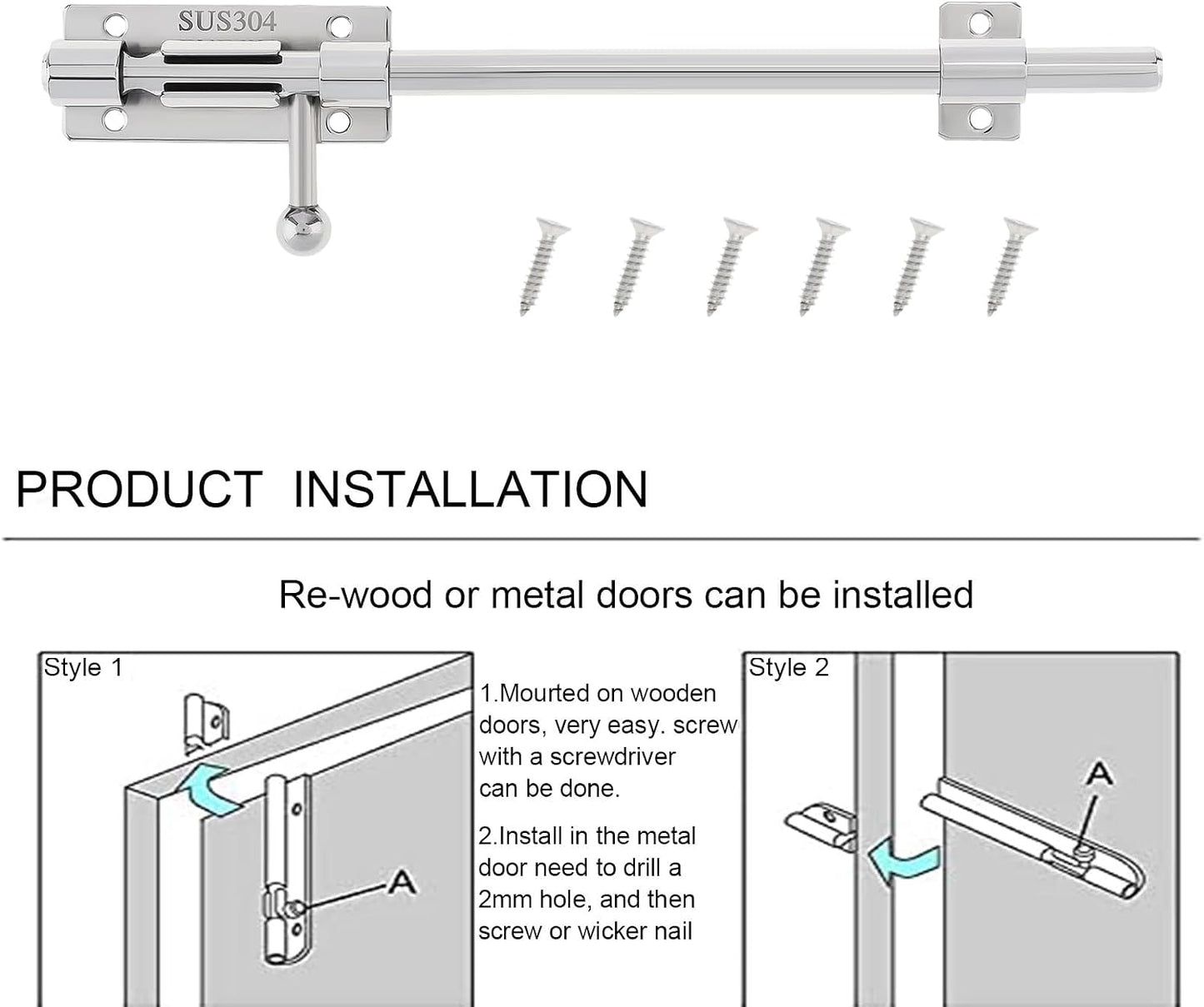 Pestillo puerta cerrojos acero inox 304 10pulg set 2