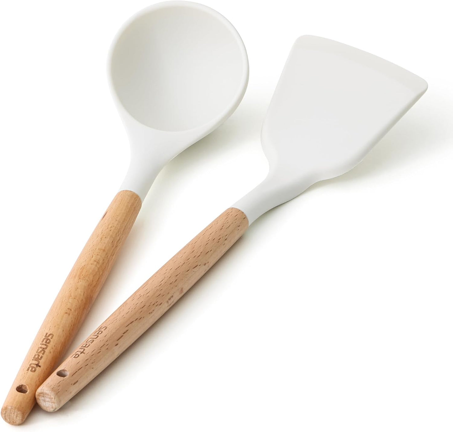 2 Pzas Utensilios Silicona Espátula Cucharón Madera Blanco