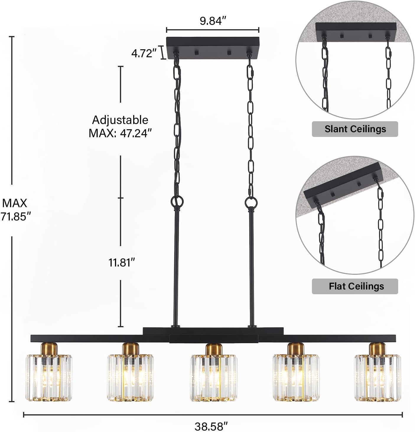 Lámpara isla cocina 5 luces candelabro negro cristal