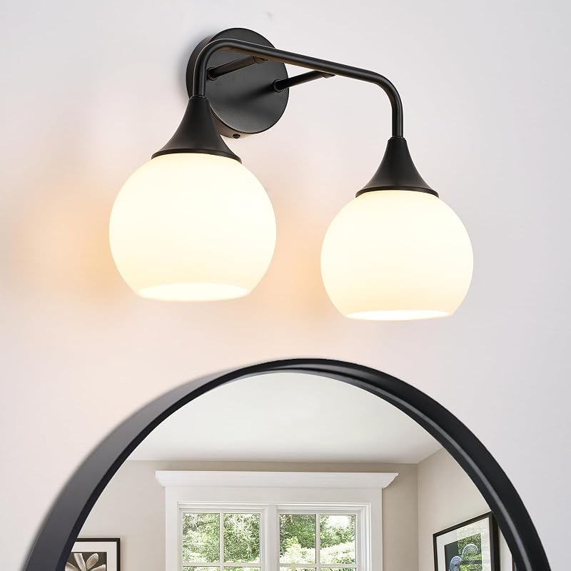 Lámpara baño 2 luces negro mate pantalla vidrio blanco leche