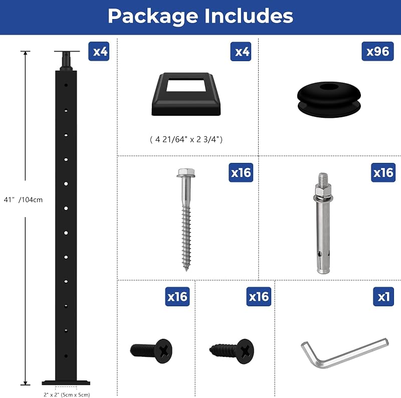4 Postes Barandilla Cable 42pulg Perforados Ojales