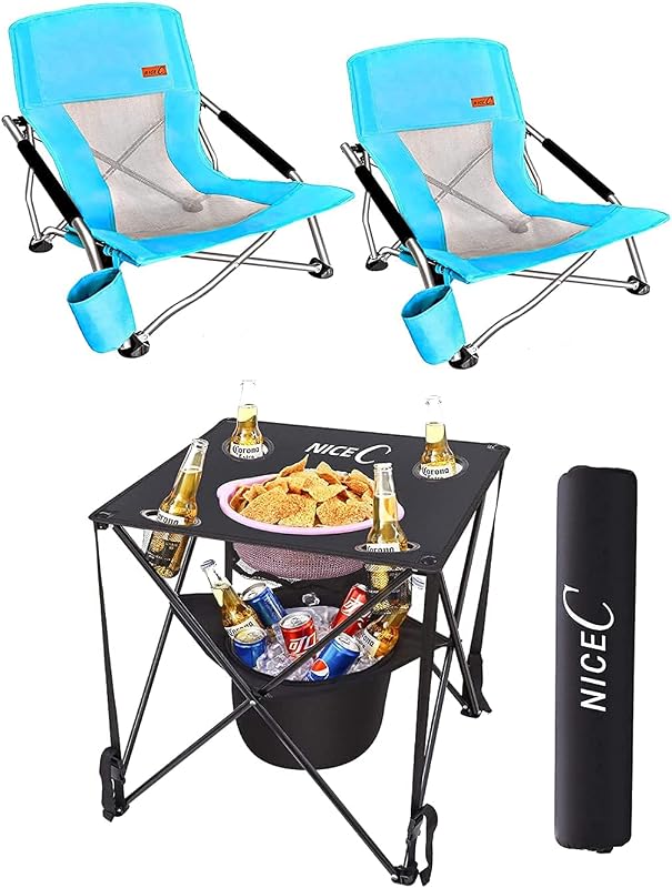 2 Sillas Playa Azules y Mesa Plegable con Enfriador