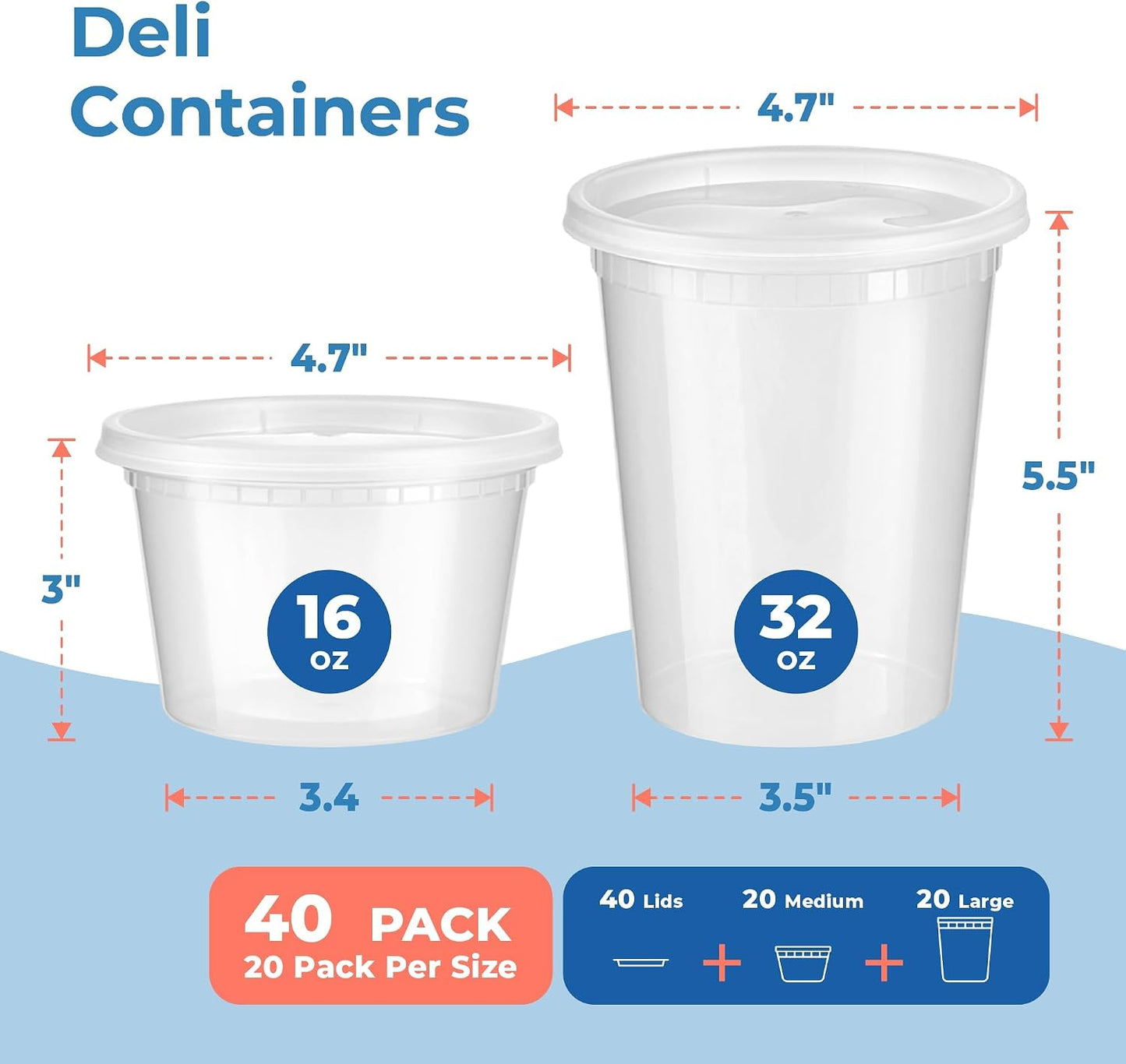 40 Recipientes 16-32oz Plástico Transparente con Tapa