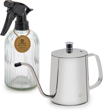 Regadera acero inox 21oz con botella spray vidrio 14oz para plantas
