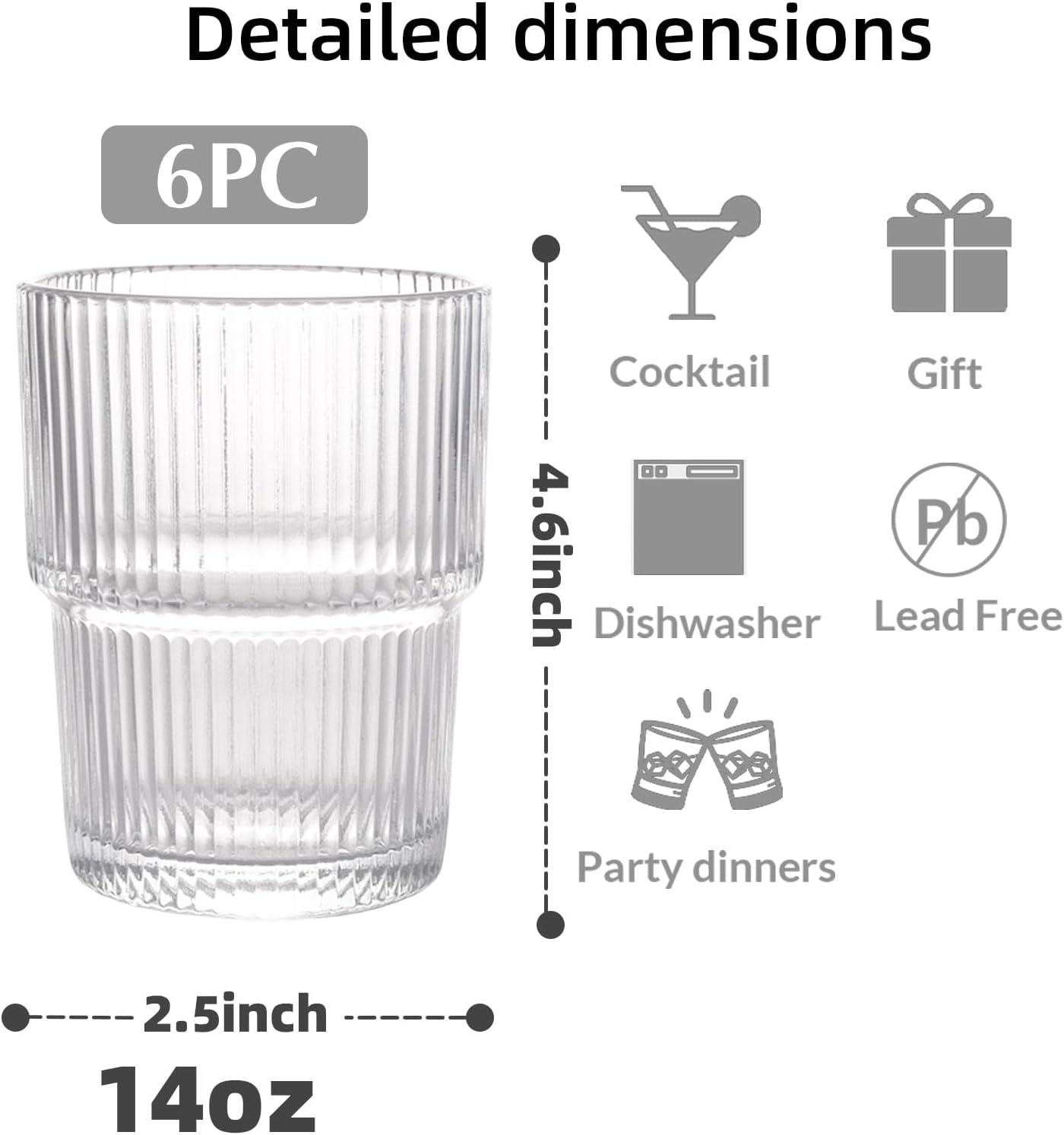 6 Pzas Vasos Vidrio Acanalados Estilo Origami 14oz