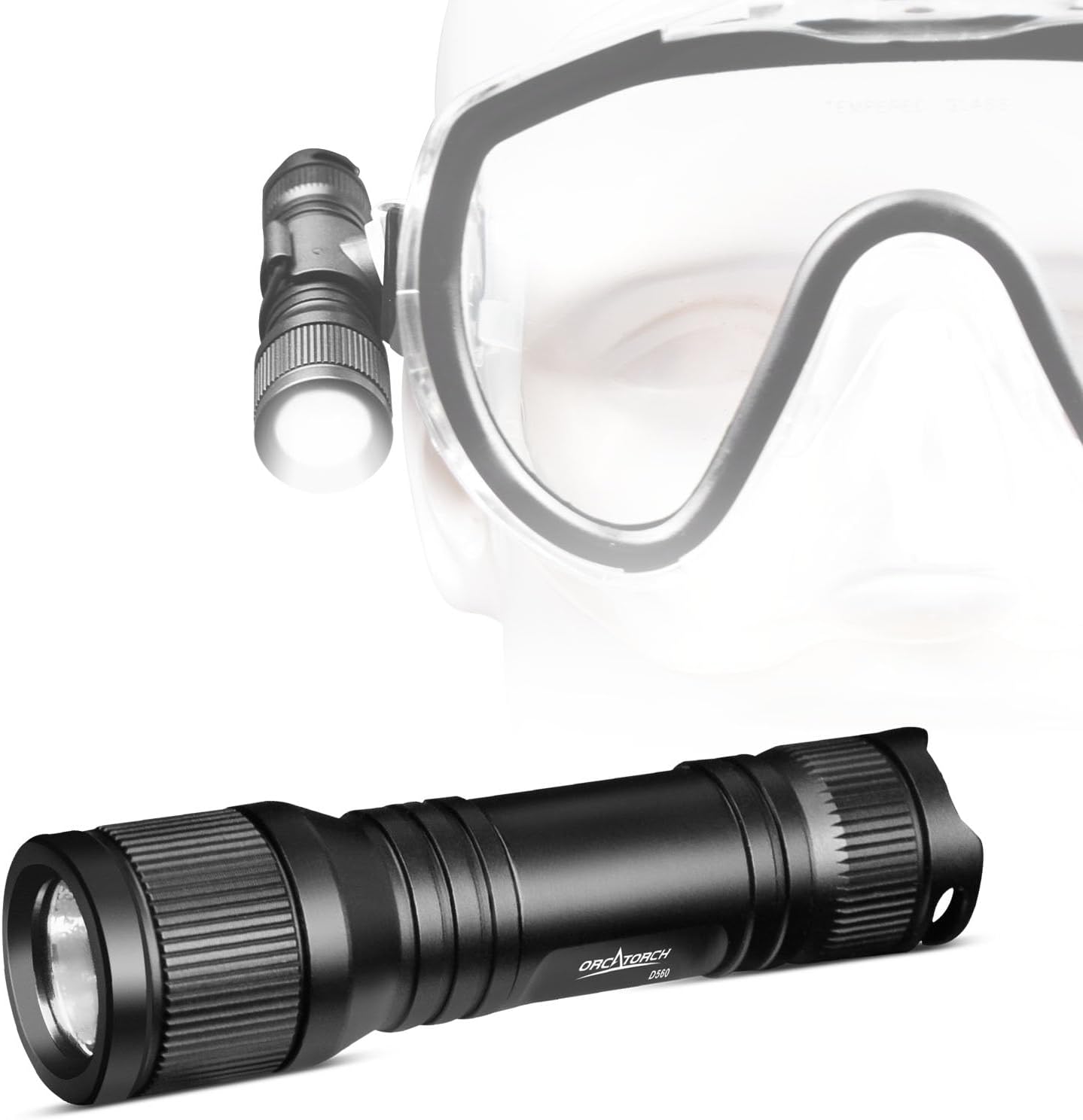 Linterna buceo 650 lúmenes con máscara y clip 360° negro