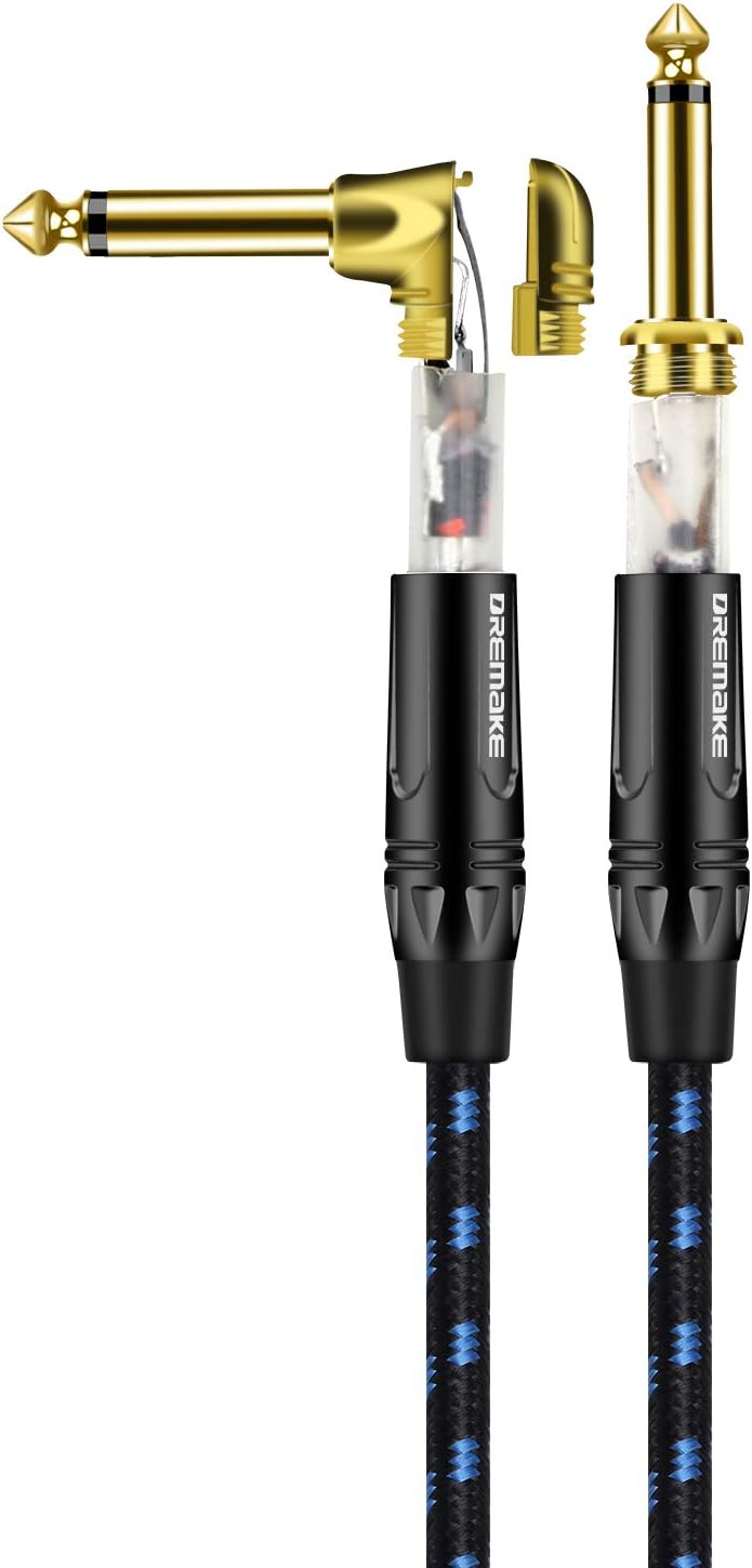 Cable 1/4pulg recto a 90° trenzado negro/azul 25ft