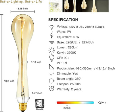 Bombillas LED Edison E26 ámbar 4W blanco cálido regulables