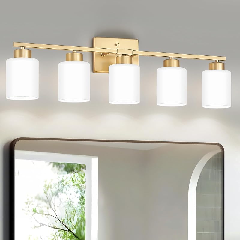 Lámpara baño 5 luces sobre espejo vidrio blanco lechoso