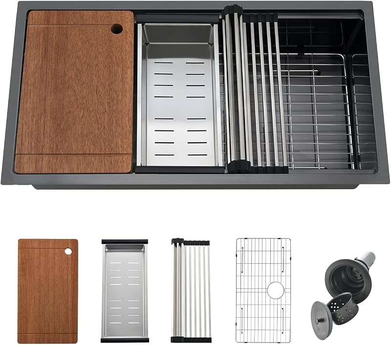 Fregadero cocina negro 36x19" acero inox con accesorios