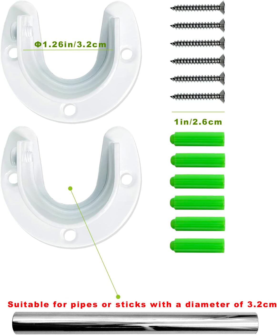 2 Soportes Barra Armario Acero Inox 1-1/4" Forma U Blanco