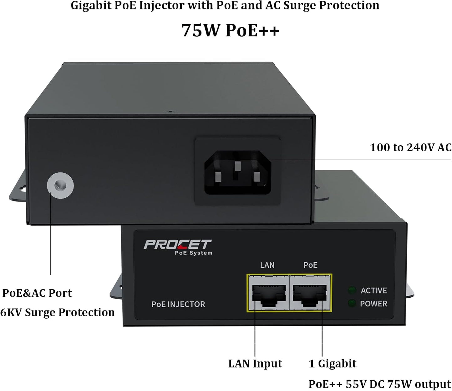 inyector poe 75w gigabit con proteccion 6kv para camara ptz