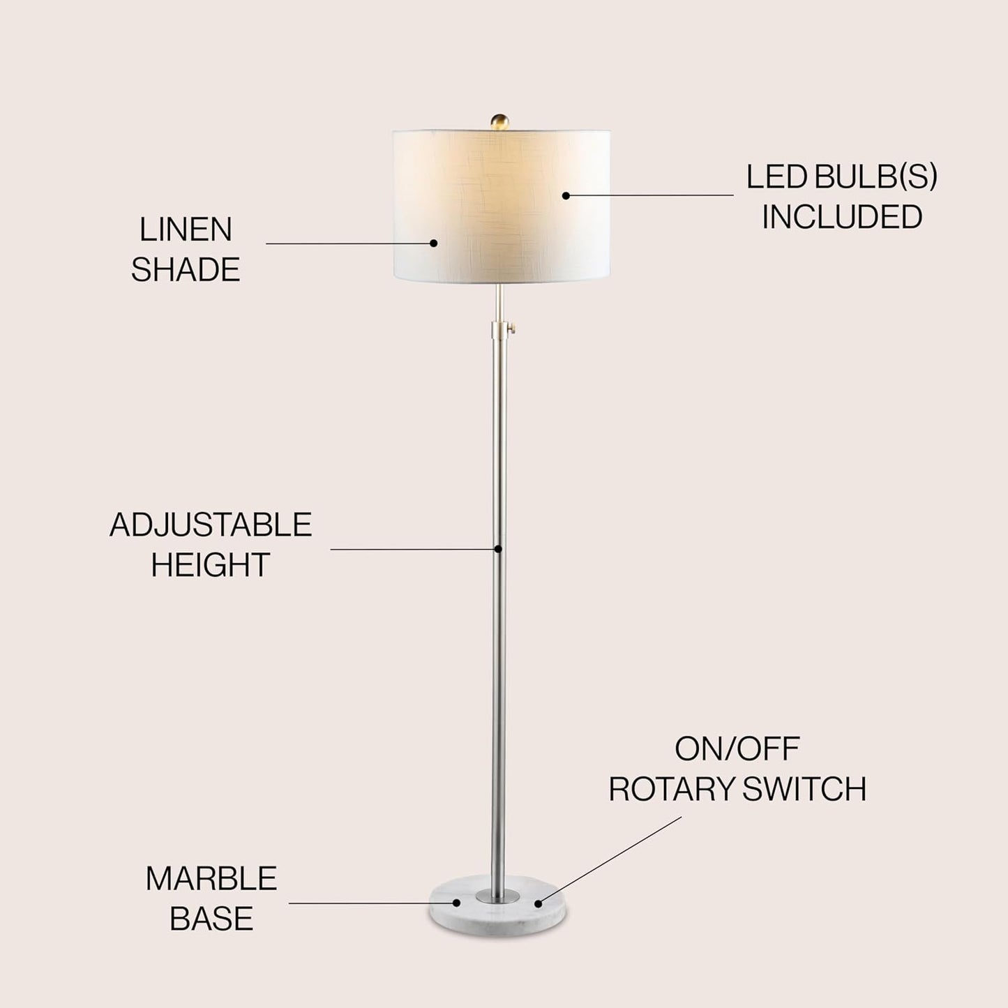 Lámpara pie LED ajustable mármol blanco 66pulg sala