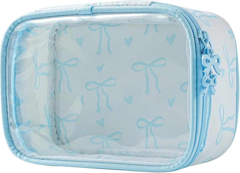 Bolsa maquillaje transparente con lazo cremallera viaje azul
