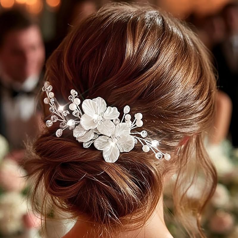 Clip pelo boda con flores y perlas plateadas mujer