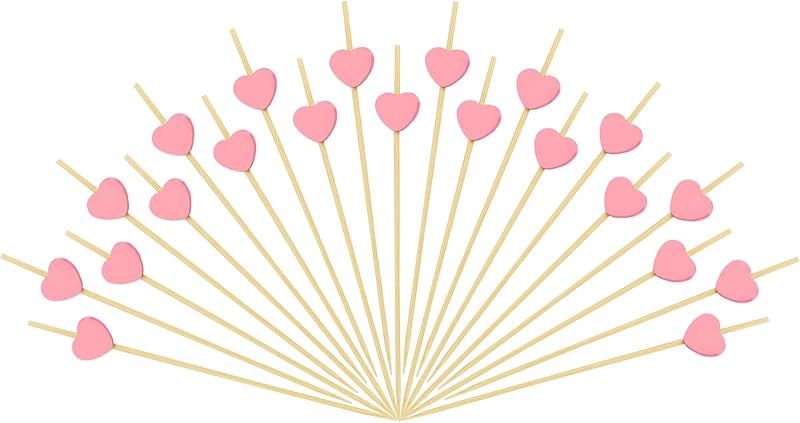 150 Palillos Bambú Corazón Rosa 4.75pulg para Frutas y Aperitivos