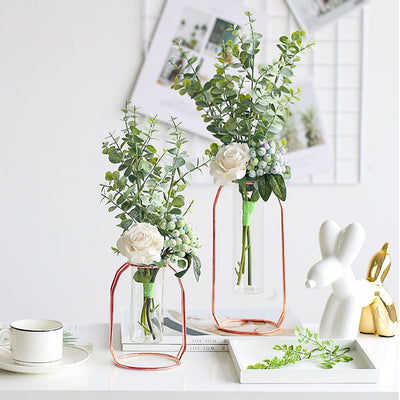 Florero oro rosa con estante metal jarrones vidrio mesa