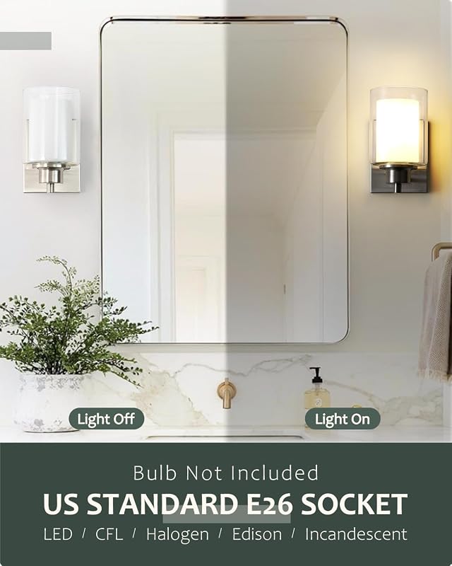 3 Pzas Lámpara Baño Níquel Cepillado Vidrio Doble Estilo