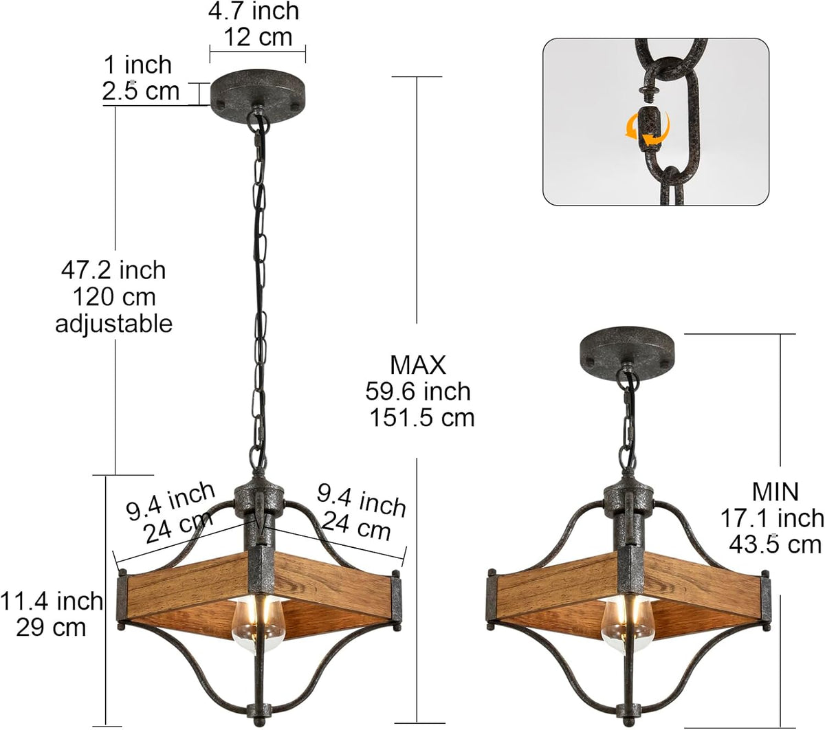 Lámpara colgante de madera rústica plateada oxidada ajustable