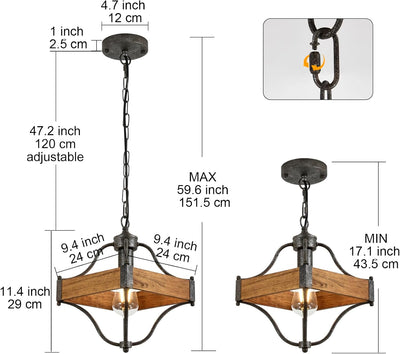 Lámpara colgante de madera rústica plateada oxidada ajustable