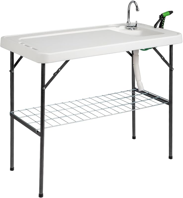 Mesa plegable limpieza pescado con fregadero y drenaje