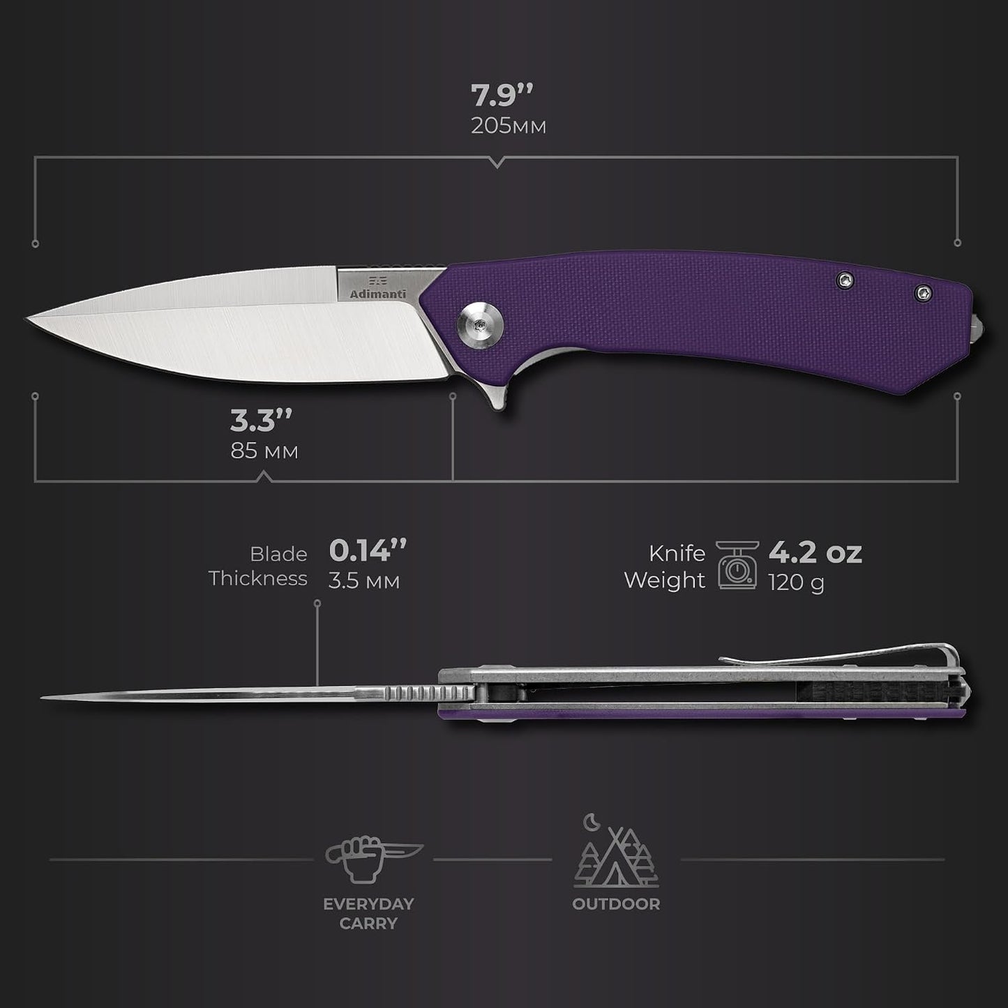 Cuchillo plegable G10 mango clip D2 EDC morado
