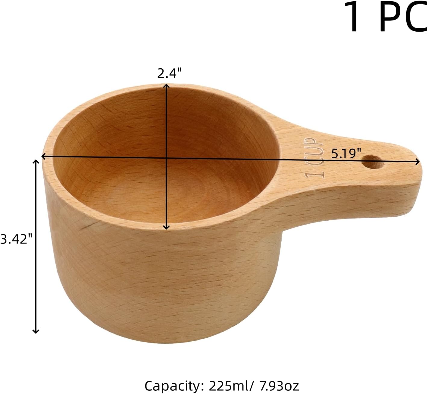 Taza medidora madera natural pulida para cocinar hornear
