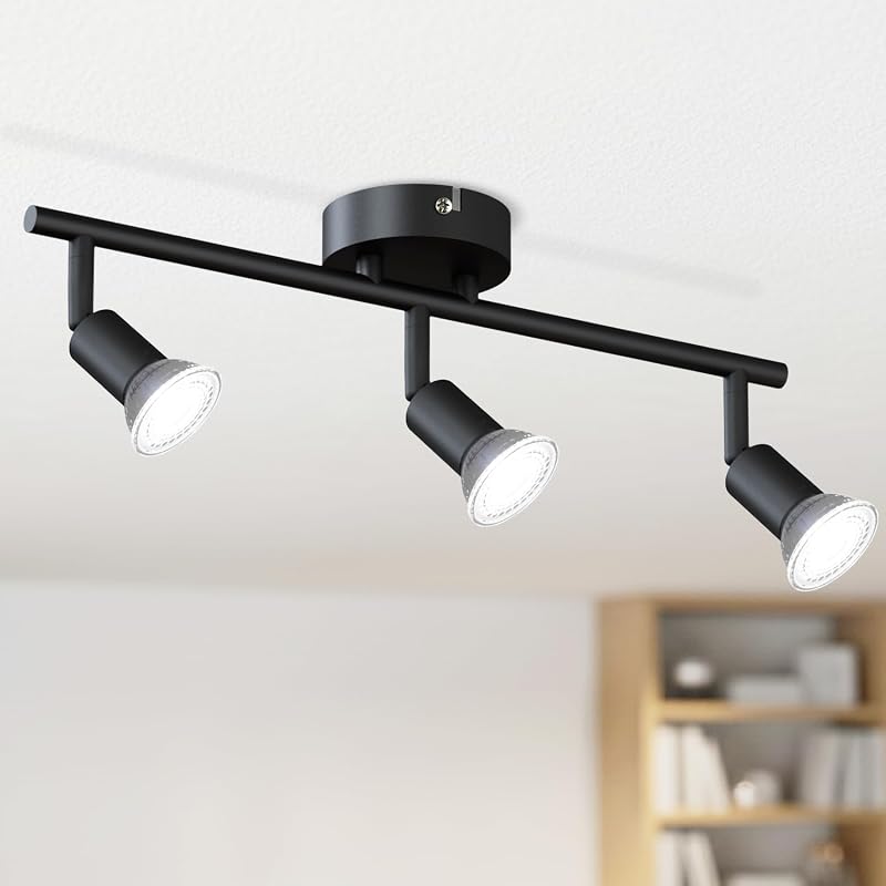 Kit iluminación riel 3 luces negro cabezal flexible GU10