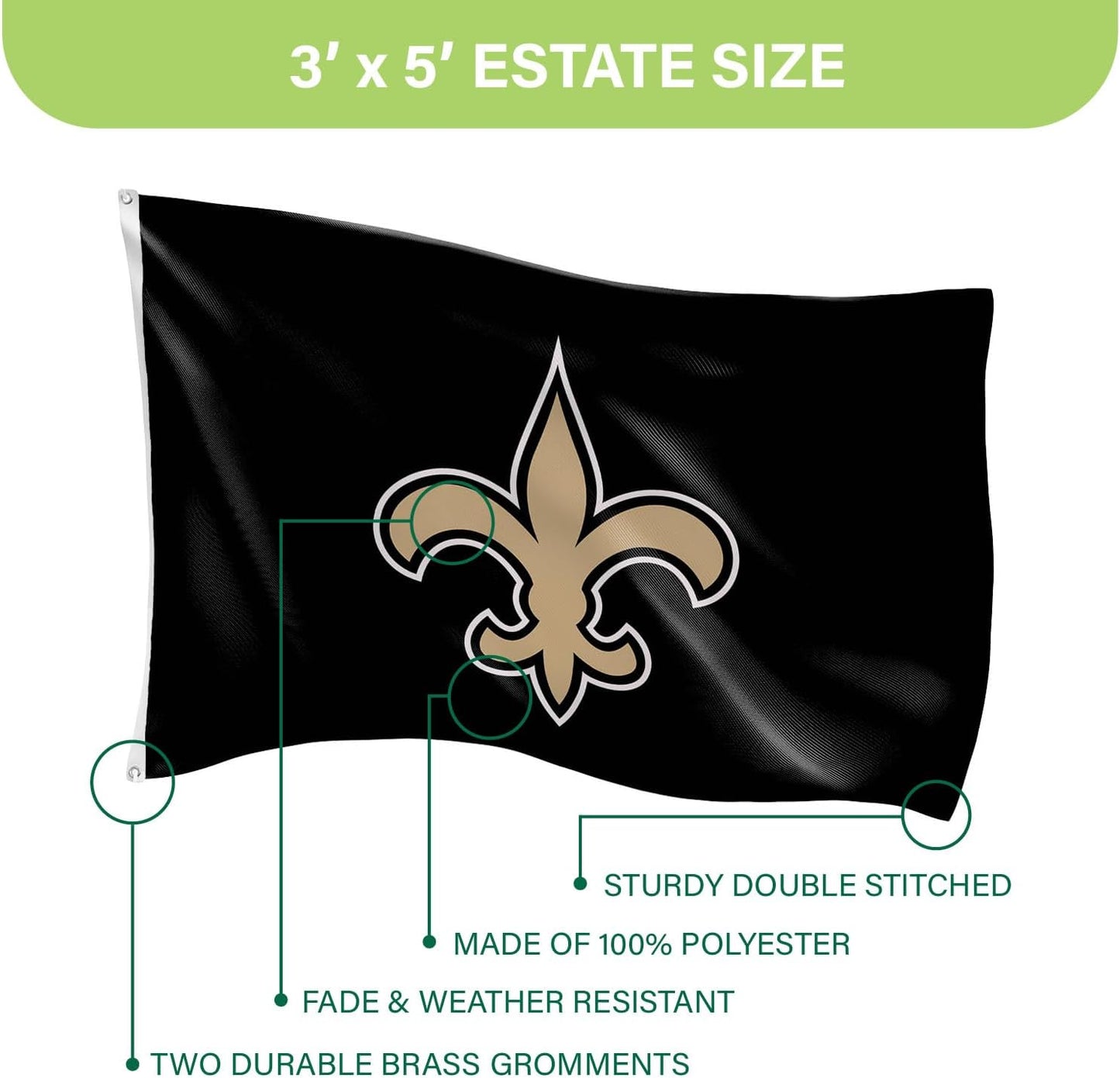 Bandera New Orleans Saints 3x5 con ojales decoración