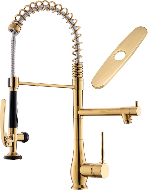 Grifo cocina rociador doble cabezal latón dorado