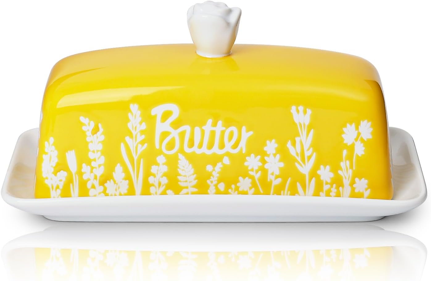 Mantequillera cerámica con tapa perilla diseño floral amarillo