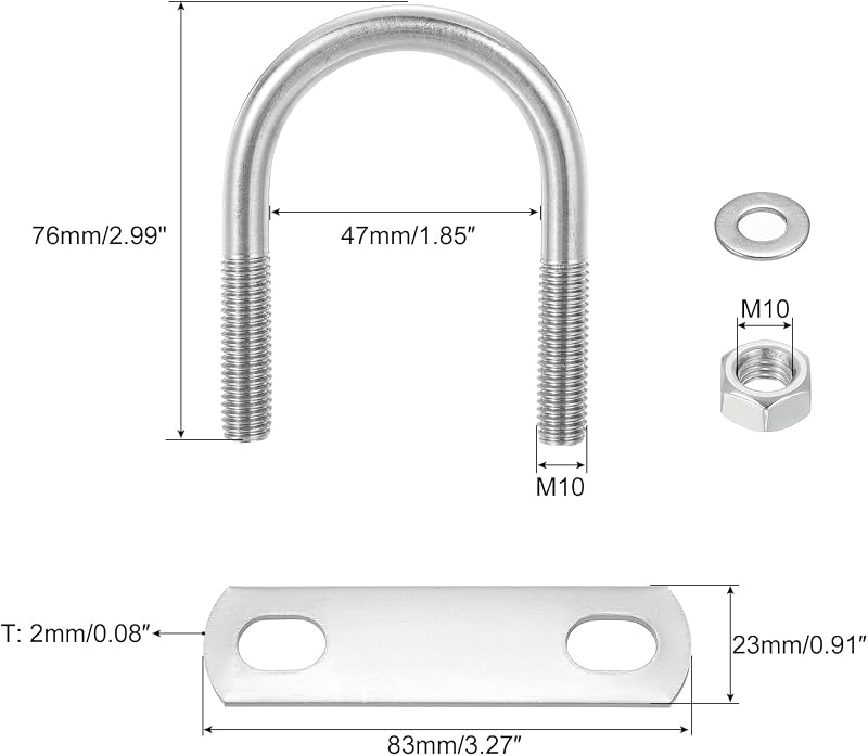 Pernos U M10 acero inox 1.85" con tuercas para remolque