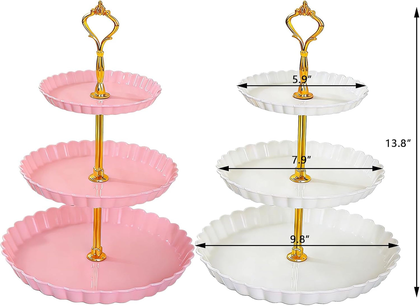 2 Soportes Plástico Cupcakes 3 Niveles Torre Postres Rosa Blanco
