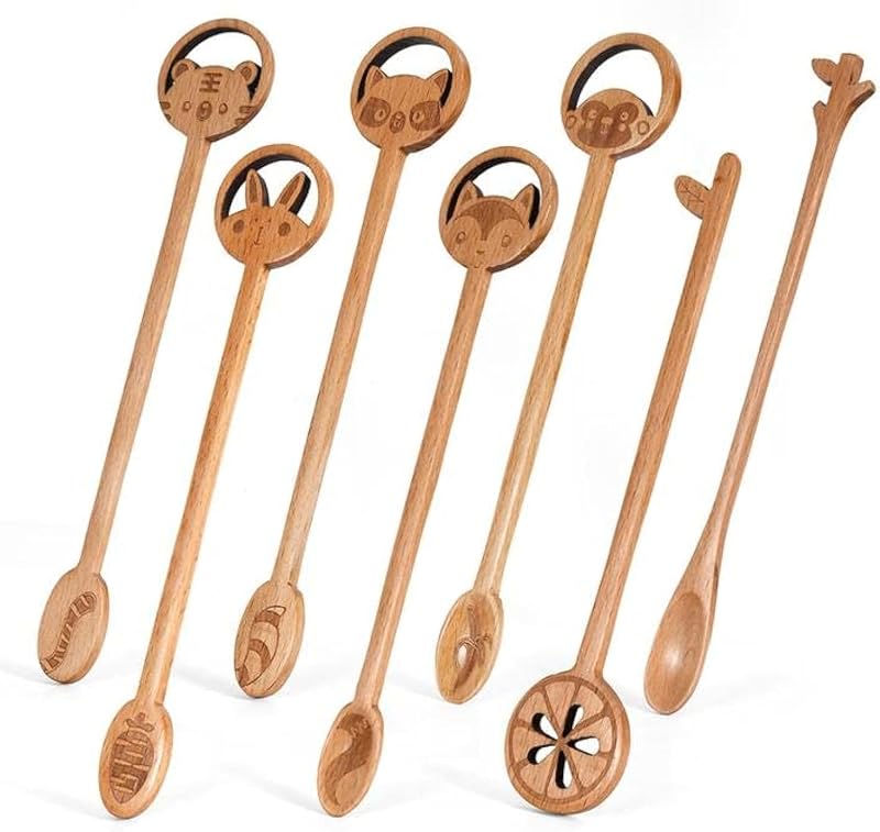 7 Cucharas Madera para Mezclar Cocina con Mango Largo
