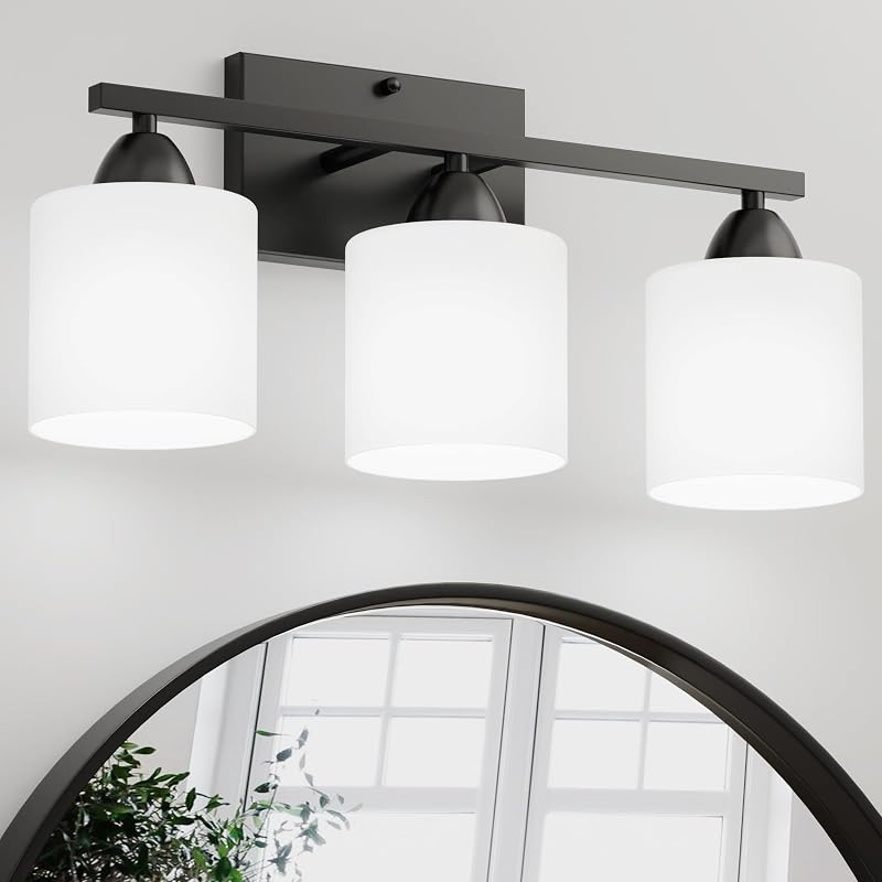 Luminaria baño moderna 3 luces E26 pantalla vidrio blanco