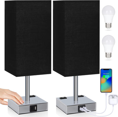 2 Pzas Lámpara Mesita 3 Vías USB CA 2 Salidas LED Negro