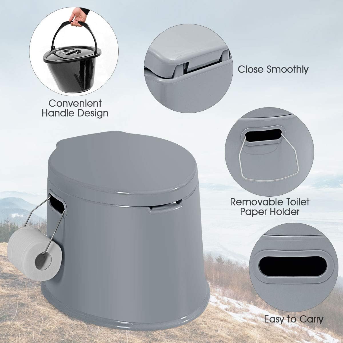 Inodoro viaje portátil con cubo desmontable y soporte papel
