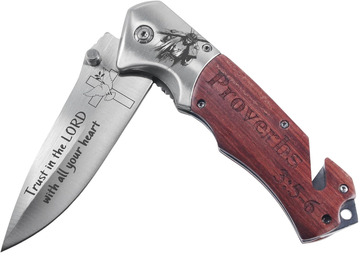 Cuchillo bolsillo religioso cristiano con cruz y versículo