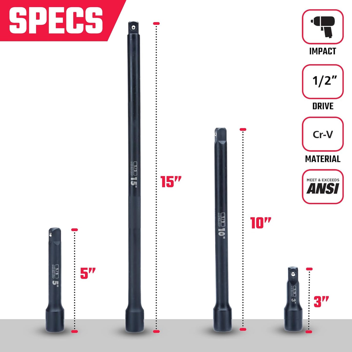 Set extensión impacto 1/2 pulg 3-15 pulg acero CrV