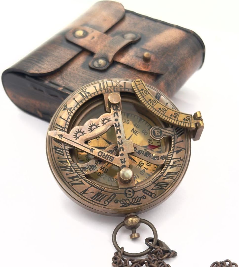 Reloj bronce con brújula y funda cuero regalo náutico hombre