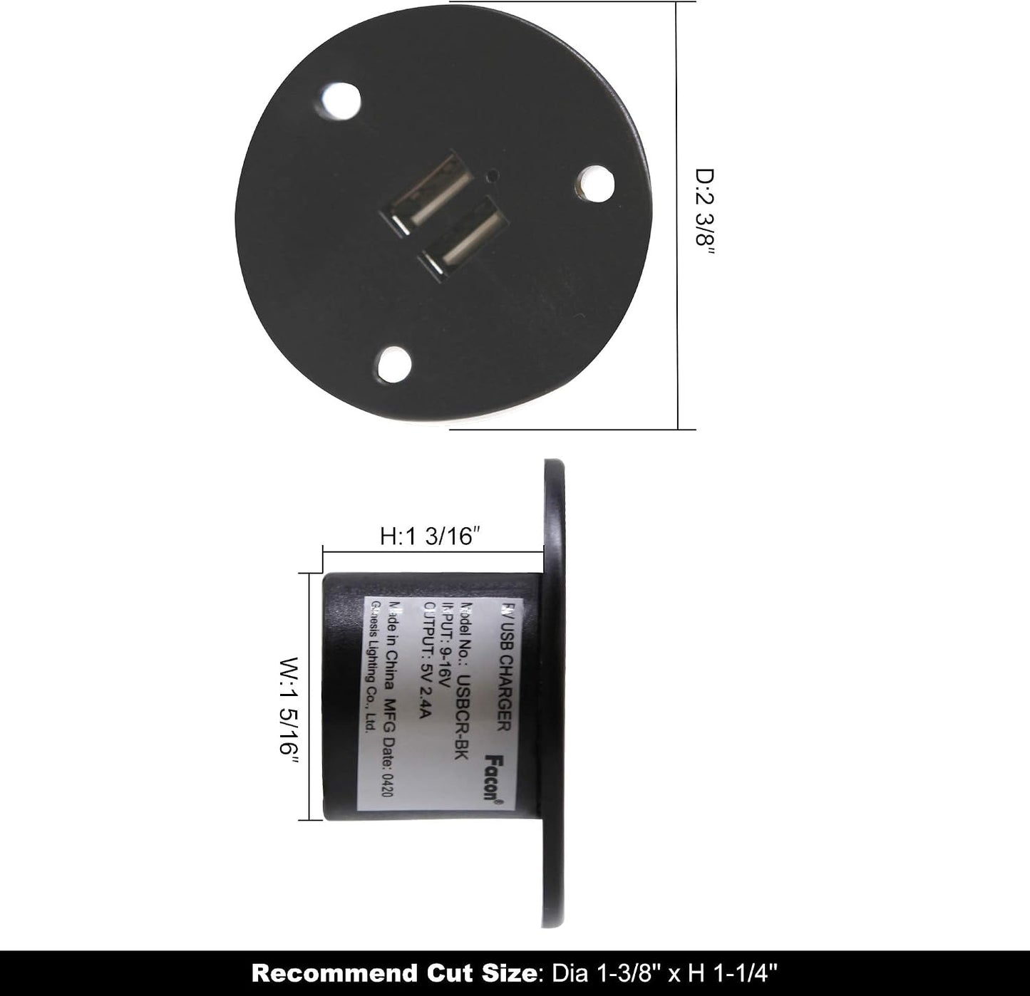 Enchufe USB 12V para RV salida dual 5V/2.4A pared negro