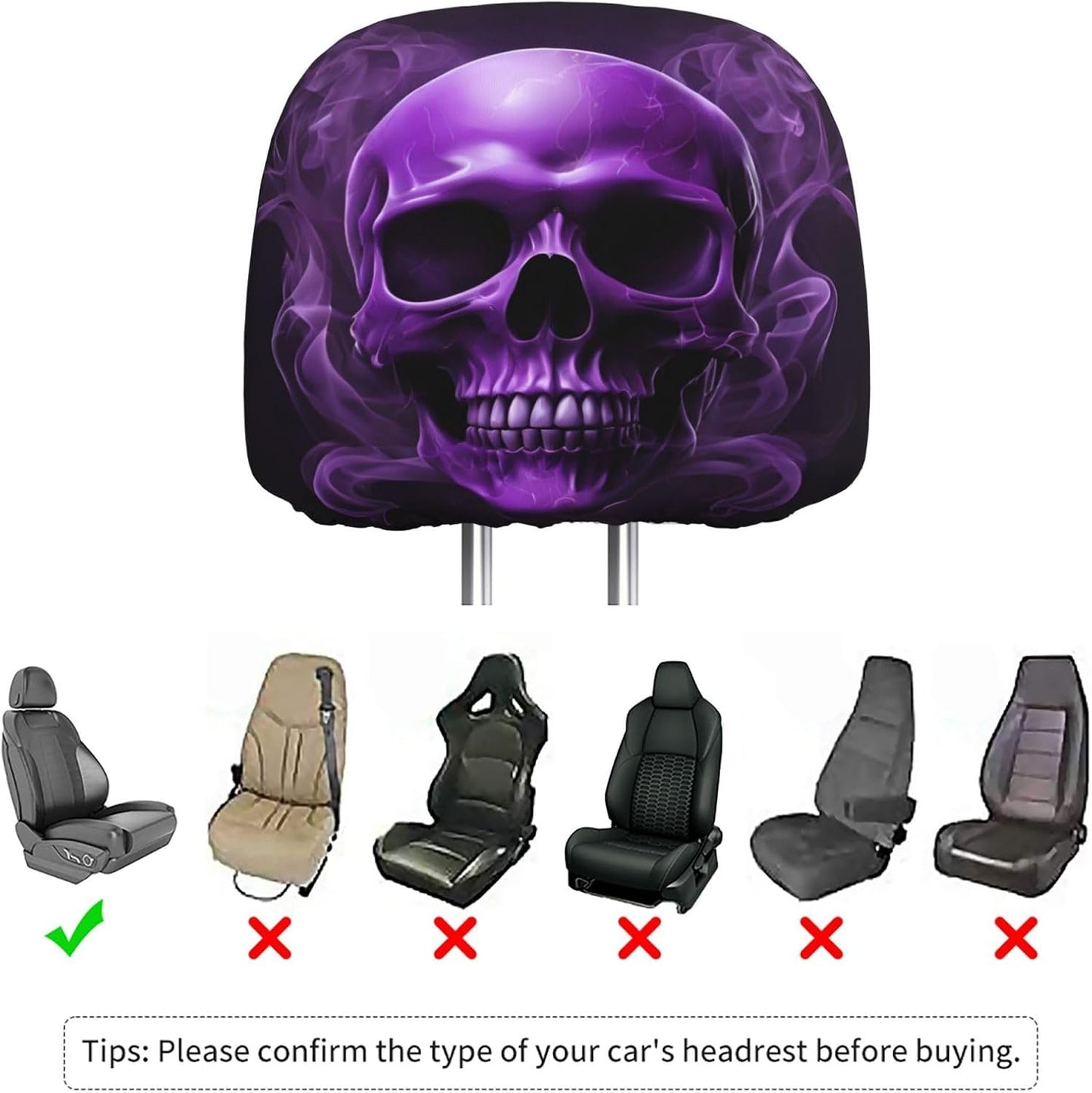 2 Fundas Reposacabezas Auto Calavera Morada Universal Suave