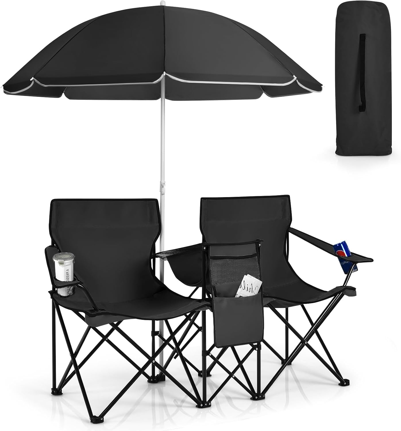 Silla campamento doble plegable con paraguas y portavasos