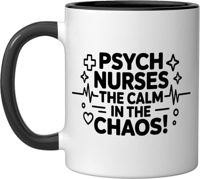 Taza cerámica para enfermeras psiquiátricas en negro y blanco